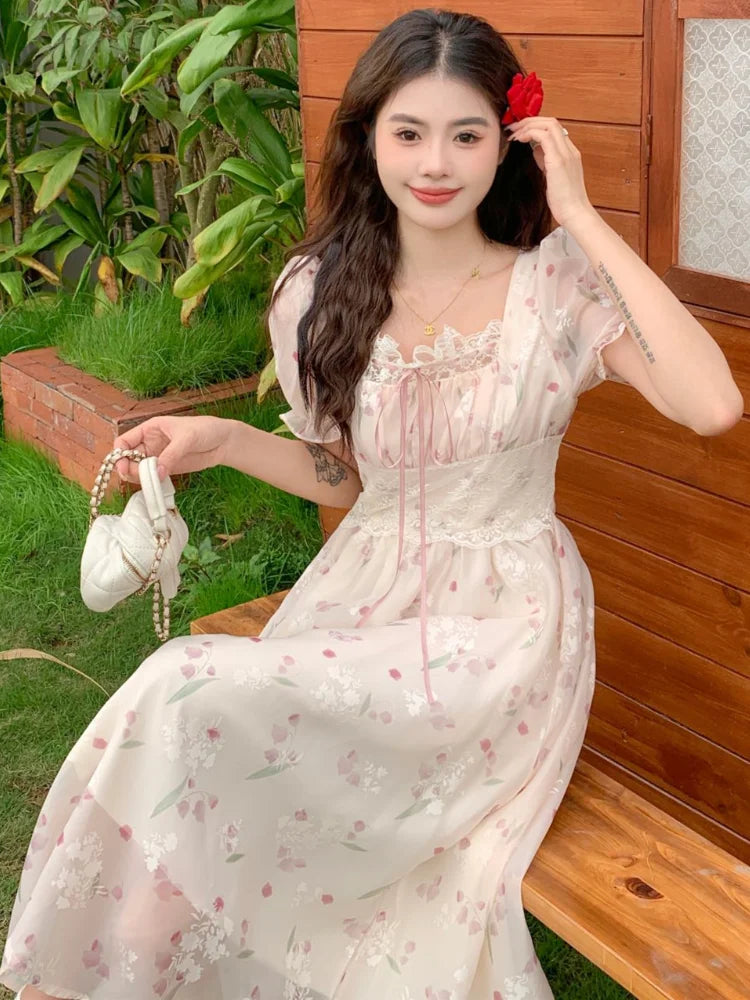 Summer French Chiffon Lace Dress Square Neck Waist Slim Shortsleeved Dress Bandage Midlength Dresses