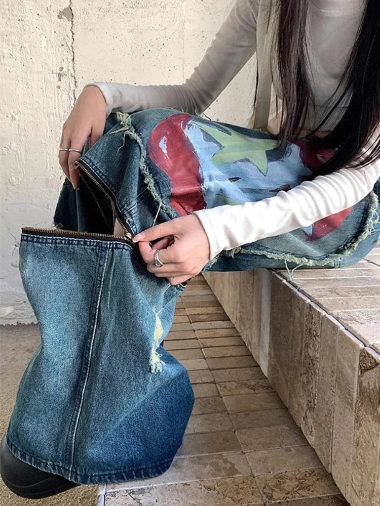Blue Washed Cargo Jeans Ripped Wide Leg Denim Pants Zipper Oversized Y2k Hip Hop Graffiti Baggy Bottoms