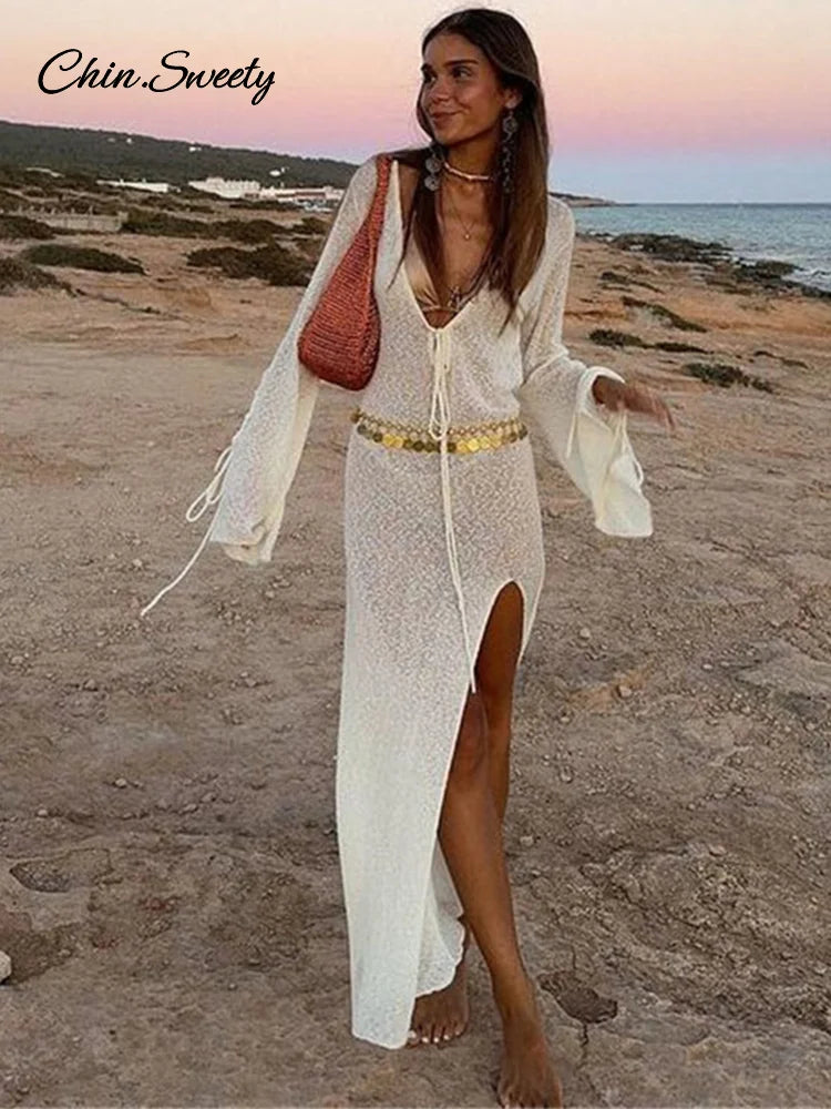 Beach V-neck Long Dress White Knitted Lace Up See Through High Slit Maxi Dresses Summer Lady Holiday Vacation Robes
