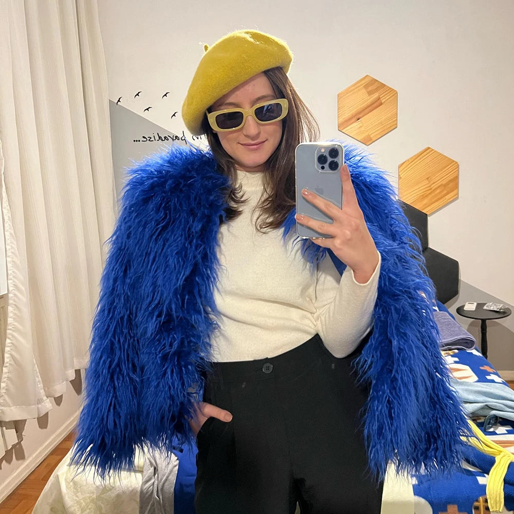 Candy Colorful Fuzzy Faux Fur Coat Winter Shaggy Oversized Fluffy Sheep Fur Jacket Festival Fur Coats