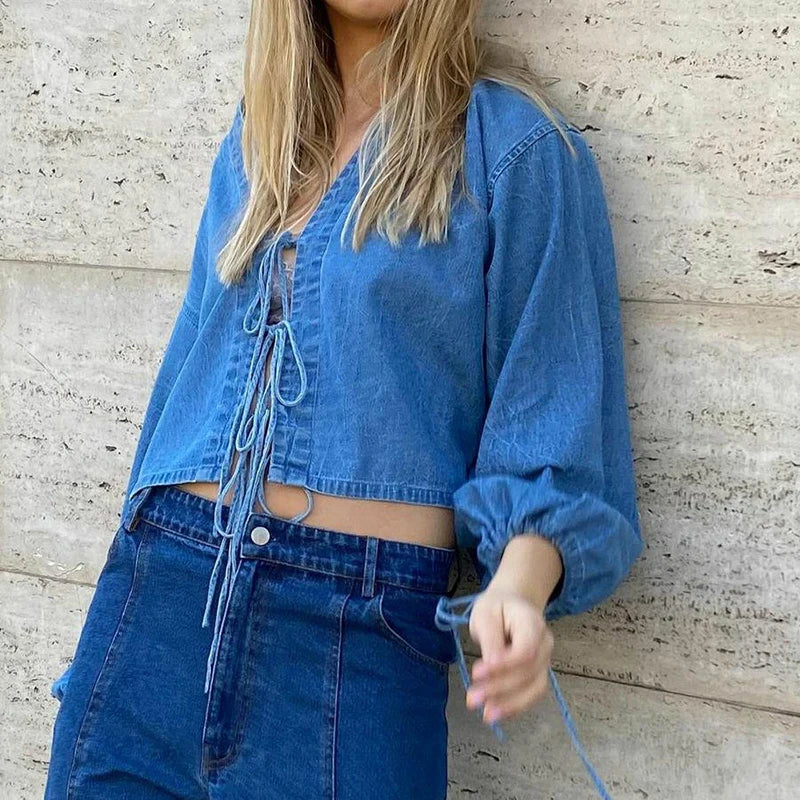 00s Retro Tie-up Front Denim Crop Tops Cottage Long Sleeve V Neck Shirts Spring Fall Blouses Tees Y2k Aesthetic T-shirt
