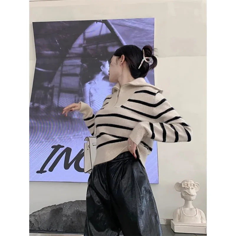 ’s Striped Sweater Zip Thick Fall Loose Turtleneck Knit Jumper Turn-down Collar Oversize Sweaters