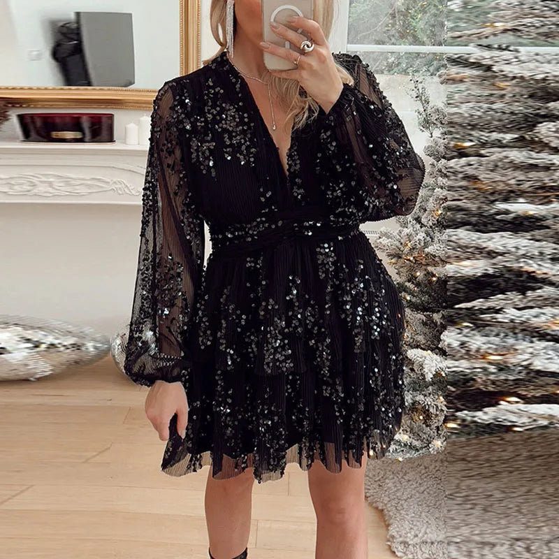 Deep Vneck Layer Christmas Dress Spring Glitter Sequins Shiny Party Dress Autumn Long Sleeve Tunic Aline Mini Dress