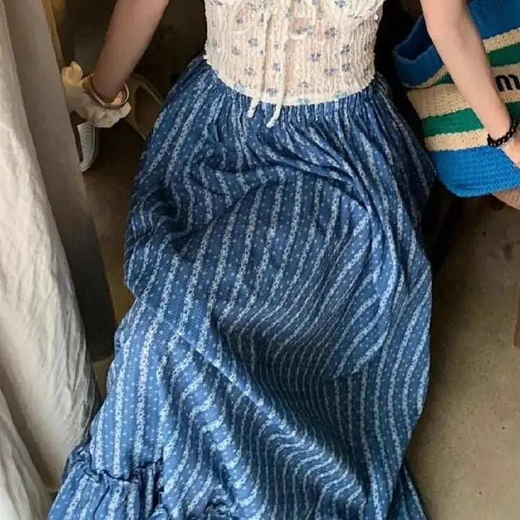 Retro Skirt Blue White Striped Autumn New Style Niche Temperament High Waist Slimming Seaside Atmosphere Skirt