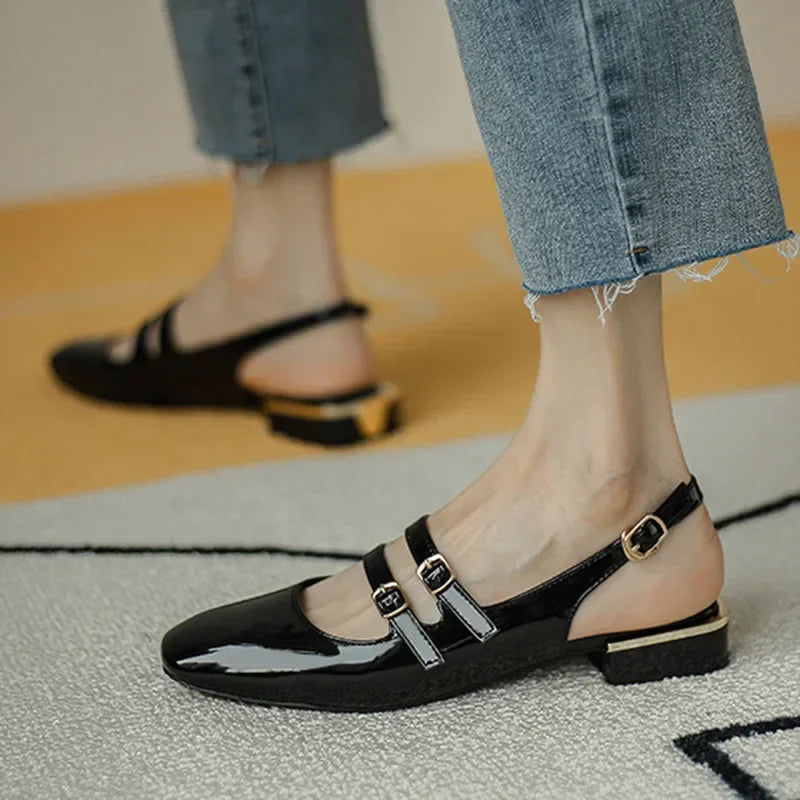 Sandals Summer Shoes Woman Flats Double Buckle Mary Janes Shoes Patent Leather Dress Shoes Back Strap Zapatos Mujer