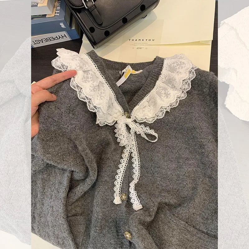Sweet Kawaii Sweater Gray Lace Doll Neck Knit Cardigan Clothing Autumnwinter Soft Lazy Vneck Coat