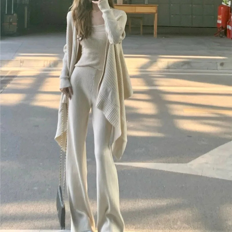 Autumn Winter Knitted 3piece Set Tank Top Long Pants Cardigan Sweater Pullover Korean Outfits New