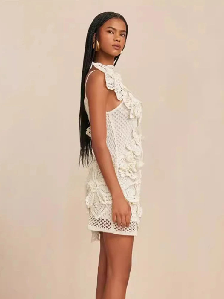 Knit 3d Flower Mini Dress Slim Hollow Out Hip Package Skew-collar Halter Beach Dresses Holiday Party Lady Robe