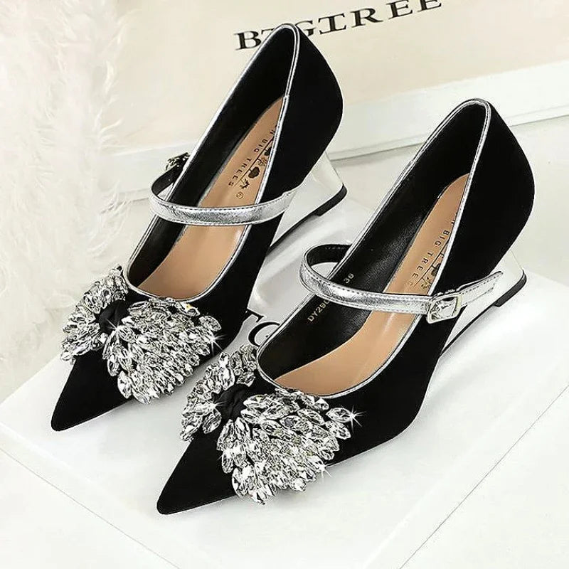Rhinestone Design Wedge Shoes Shallow Pointed Toe Pumps Female Diamond Butterflyknot High Heels Zapatos De Mujer