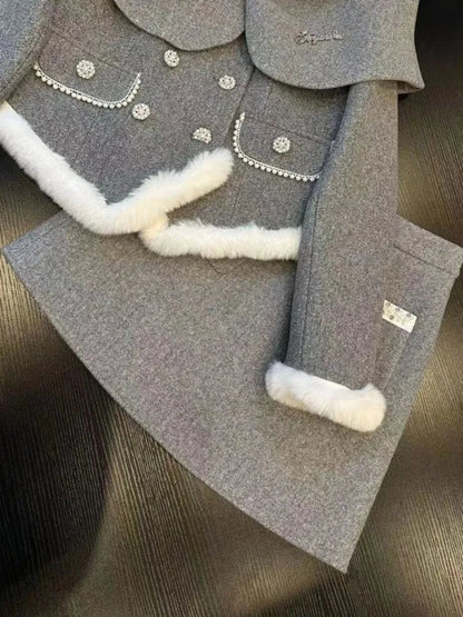 Sweet Hot Girl Suit Autumn/winter Fur Collar Padded Coat Highwaisted Aline Skirt Twopiece Set Female Clothes