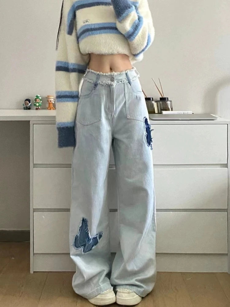 Blue Jeans Y2k Loose Butterfly Patchwork Causal High Waist Denim Pants Retro Bottoms