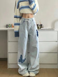 Blue Jeans Y2k Loose Butterfly Patchwork Causal High Waist Denim Pants Retro Bottoms