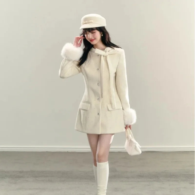 Sweet Hot Girl White Laceup Bow Coat Winter Slim Fit Single Breasted Woolen Coat Female Clothes