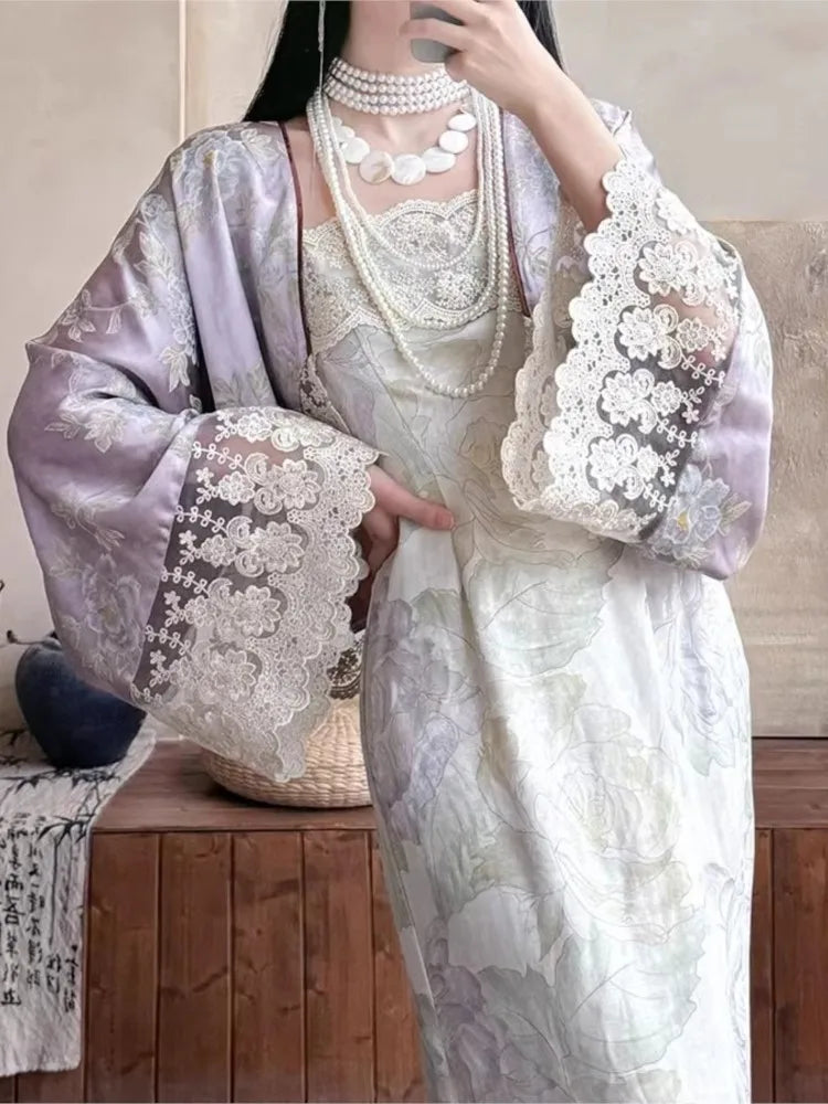 New Chinese Style ’s Two-piece Dress Set Lace Patchwork Cardigan Spaghetti Strap Lace-up Long Dress Female Suit