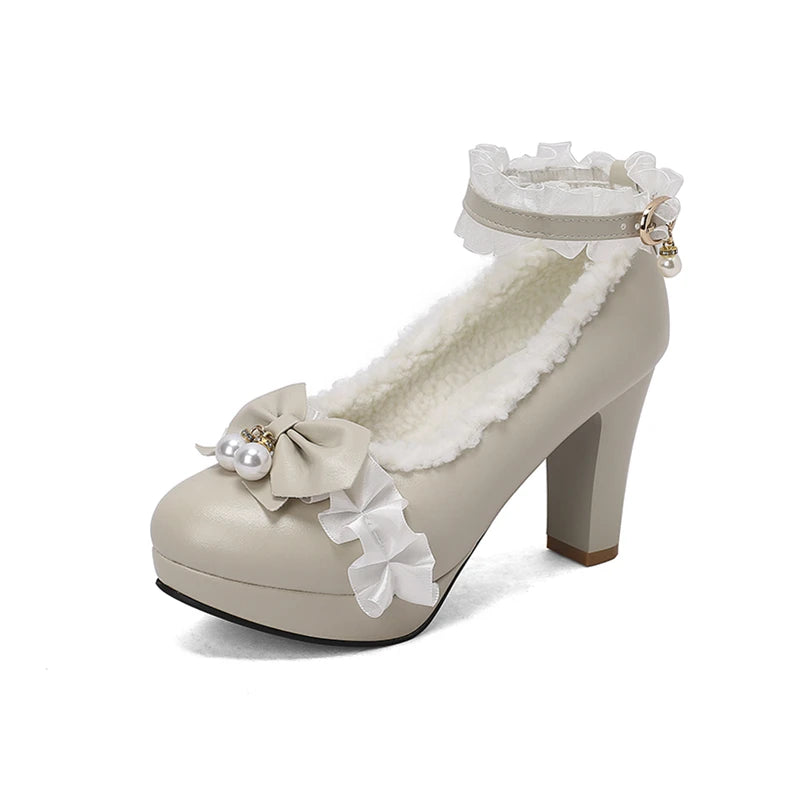 Ankle Strap Lolita Pumps Round Toe Thick High Heels Buckle Ruffles Bow Kawaii Cosplay Shoes Spring Autumn