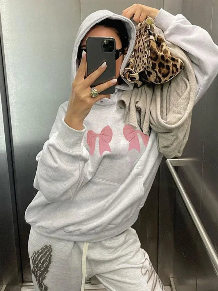 Kawaii Bow Print Hoodies Y2k Long Sleeve Sweatshirt Oversized Sweet Girl Causal Loose Autumn Winter Clothes Ins