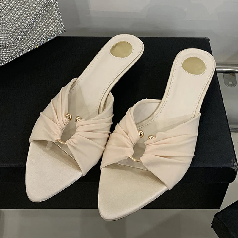 Pleated Silk Hollow Out Metal Buckle Slippers Sandal Summer Pointed Toe Low Thin Heels Beach Party Female Shoes