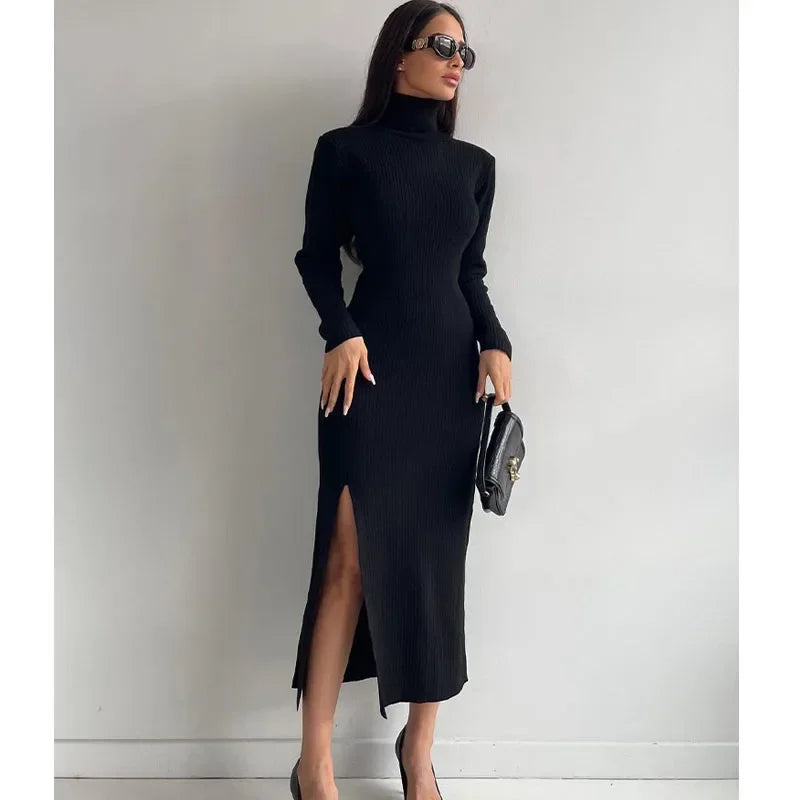 Kylethomasw Slim Fit Split Knit Dress Woman Winter Long Sleeve Sweater Dress Officelady Dress Robes