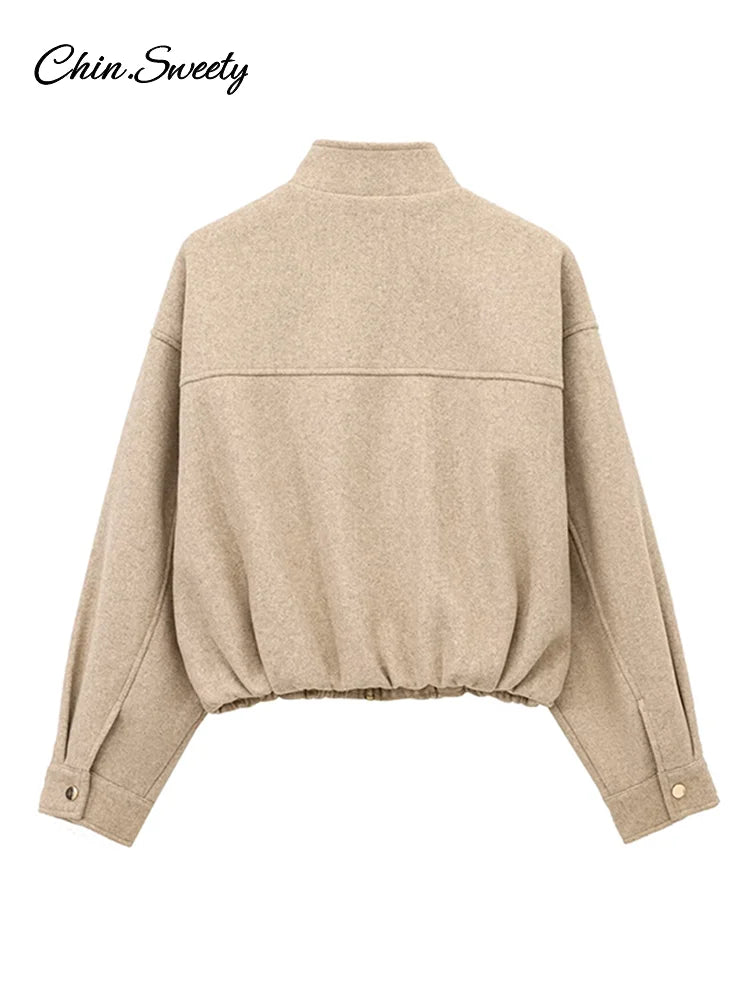 ’s Khaki Bomber Jacket Stand Collar Zipper Pocket Long Sleeve Short Coats Female Spring Thick Warm Outwear New