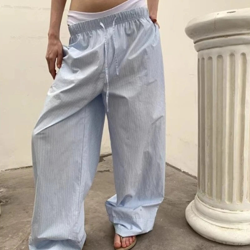 Oversized Y2k Striped Woman's Pants Baggy Harajuku Old Money Basic Trousers Korean Wide Leg Elastic Waist
