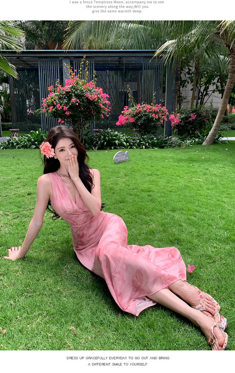 Print Long Dresses Vneck Sleeveless Bodycon Evening Party Dress New Slim Waist Vestidos Mujer New Robe