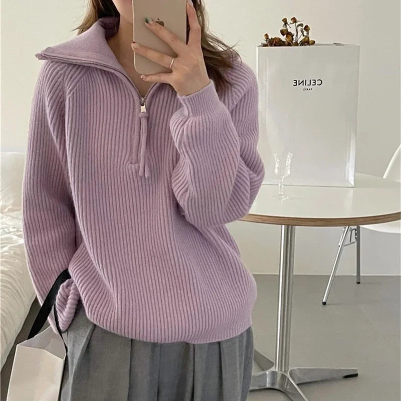 High Street Loose Thread Long Sleeve Sweater Autumn New Turn Down Collar Zipper Color Cashmere Knit Tops