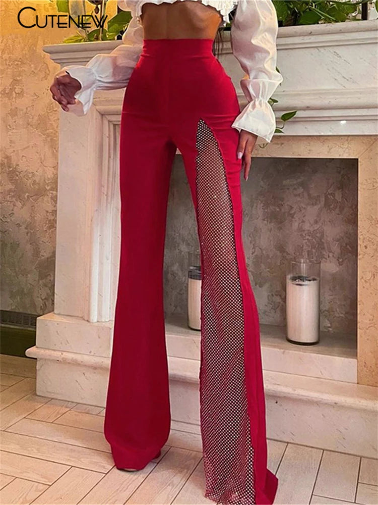 Mesh Patchwork One Shoulder Playsuits Skinny Flare Pants Jumpsuit Lady Party