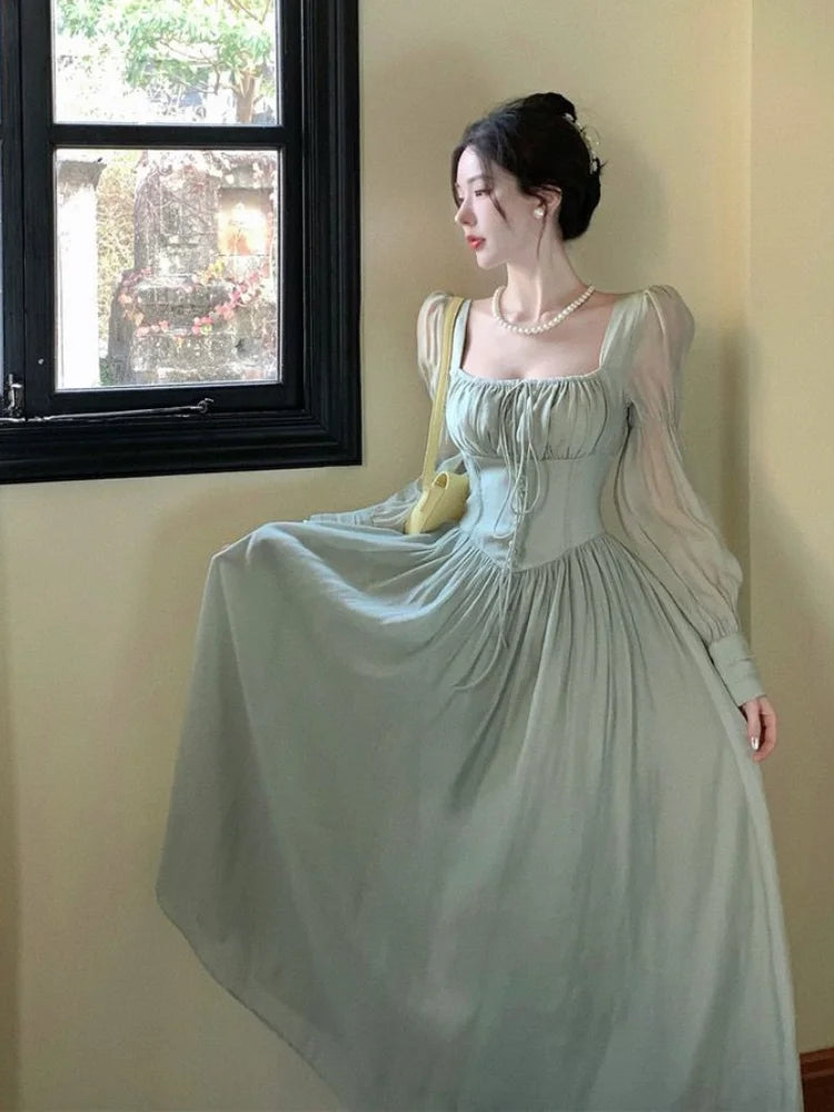 French Lantern Sleeve Lace Up Midi Dress Spring and Summer Square Neck Evening Party Prom Robe Dress