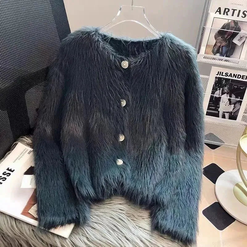 Cropped White Knitted Cardigan Korean Mink Cashmere Sweater Outerwear Black Long Sleeve Knitwear Winter Jumpers New