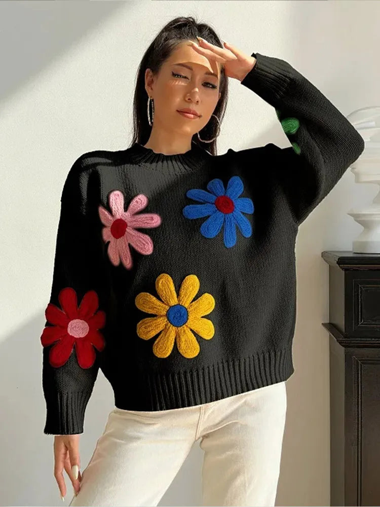 Autumn Knitted Sweater Sweet Flower Loose Long Sleeve O-neck Female Pullovers New Loose Tops