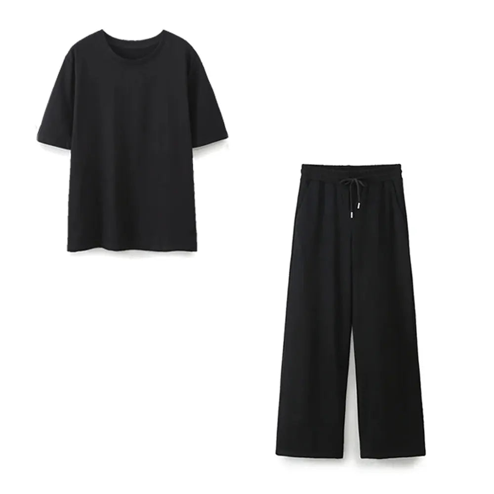 Summer Basic Round Neck Cotton Tshirt Set Short Sleeves Top Female Loose Laceup Straight Leg Pants