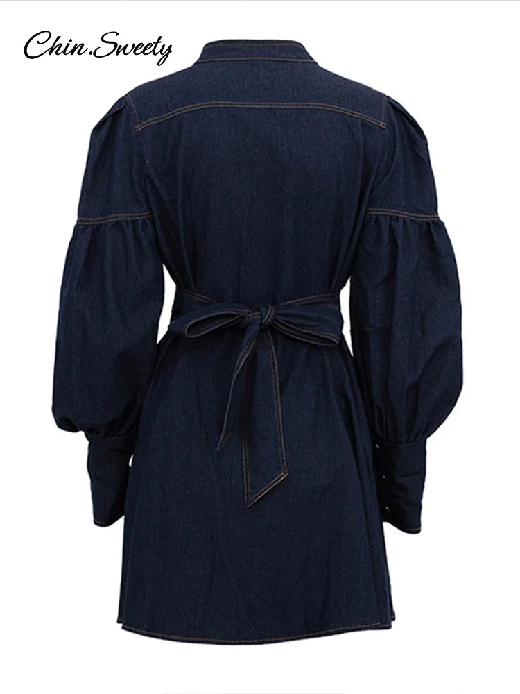 ’s Denim Blue Mini Dresses O-neck Long Sleeved Cinched High Waist Lace Up Dresses Spring Lady A-line Vestidos