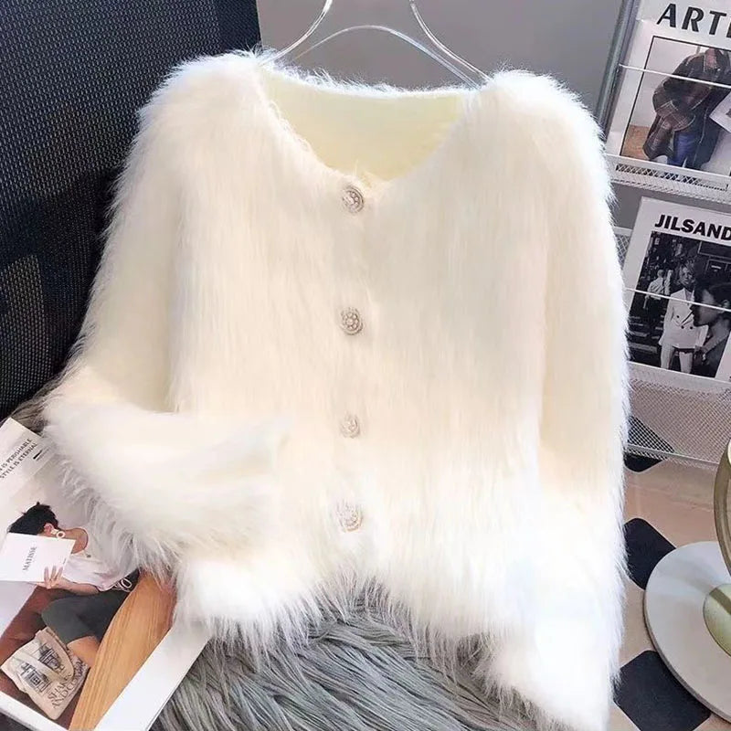 Cropped White Knitted Cardigan Korean Mink Cashmere Sweater Outerwear Black Long Sleeve Knitwear Winter Jumpers New