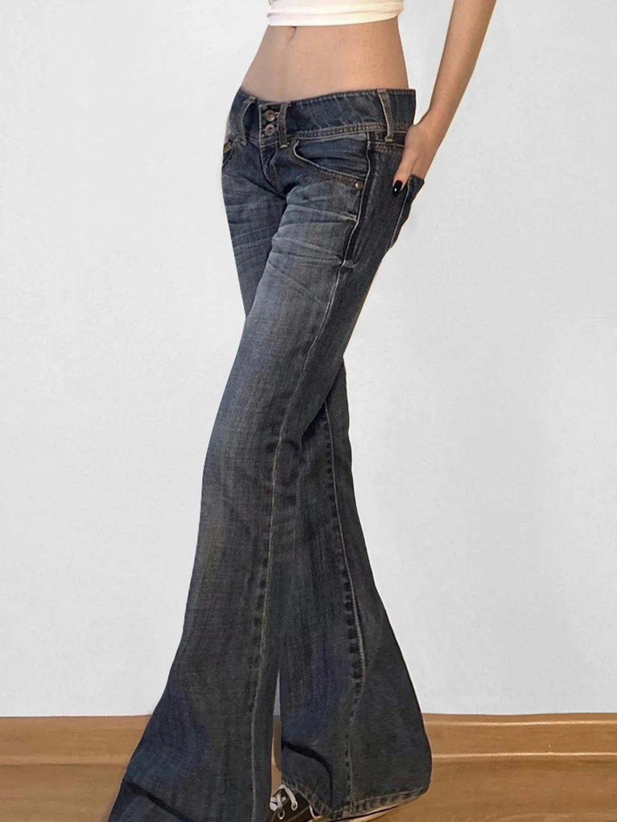 Y2k Flared Jeans Retro Button-up Low Rise Denim Pants Harajuku 2000s Trousers Basic Aesthetic Mom Jeans