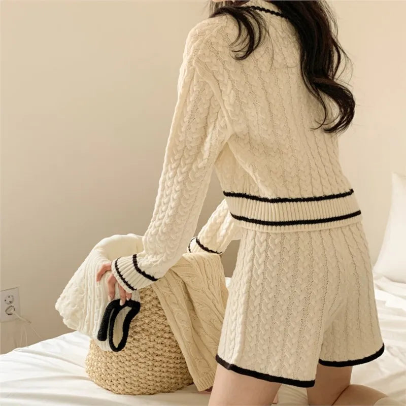Autumn New Korean Knitted Two-piece Shorts Set V-neck Pullover Crop Top Shorts Pants Suit Female Clothing