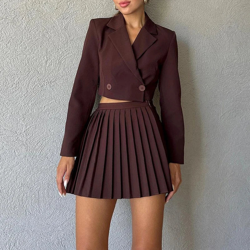Commuter Lady Lapel Short Blazer Suit Sets Spring Double Breasted Top+pleated Shorts Skirt Outfit Autumn Twopiece