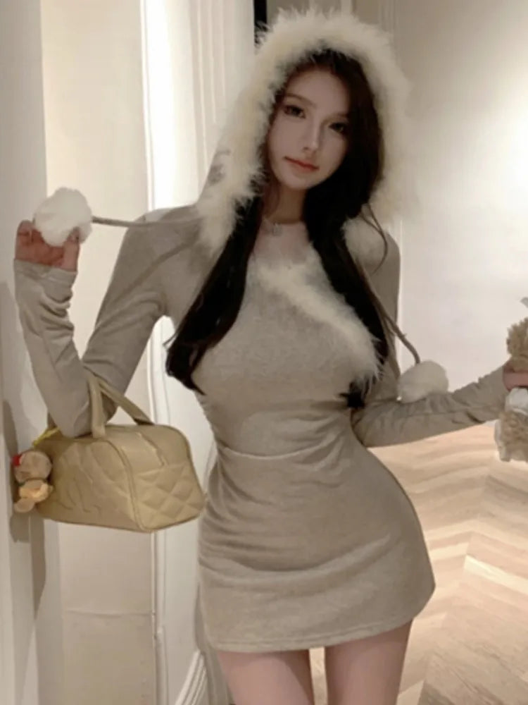 Y2k Sweet Outfits Party Dresses Woman Patchwork Long Sleeve Bodycon Hooded Mini Dress Autumn Korean Vestidos