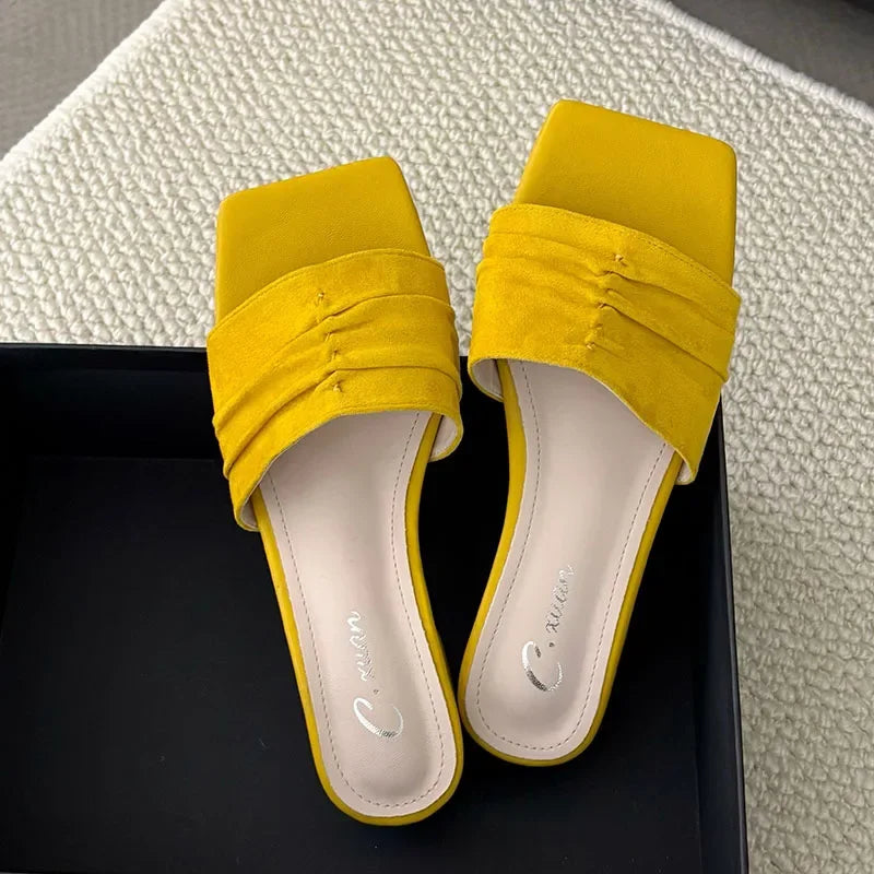 Square Toe Slippers Low Heel Slides Female Comfort Nonslip Summer New Sandals Flats Beach Shoes