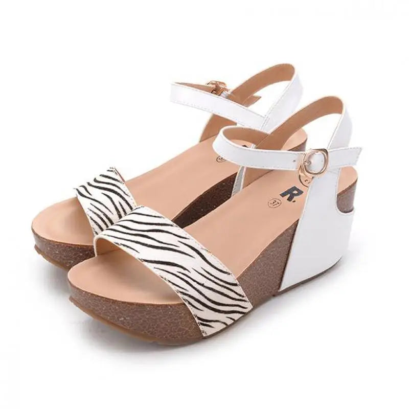 Summer New Genuine Horsehair Highheeled Thicksoled Leopardprint Roman Slopeheeled Sandals 32 33 Small Size Shoes