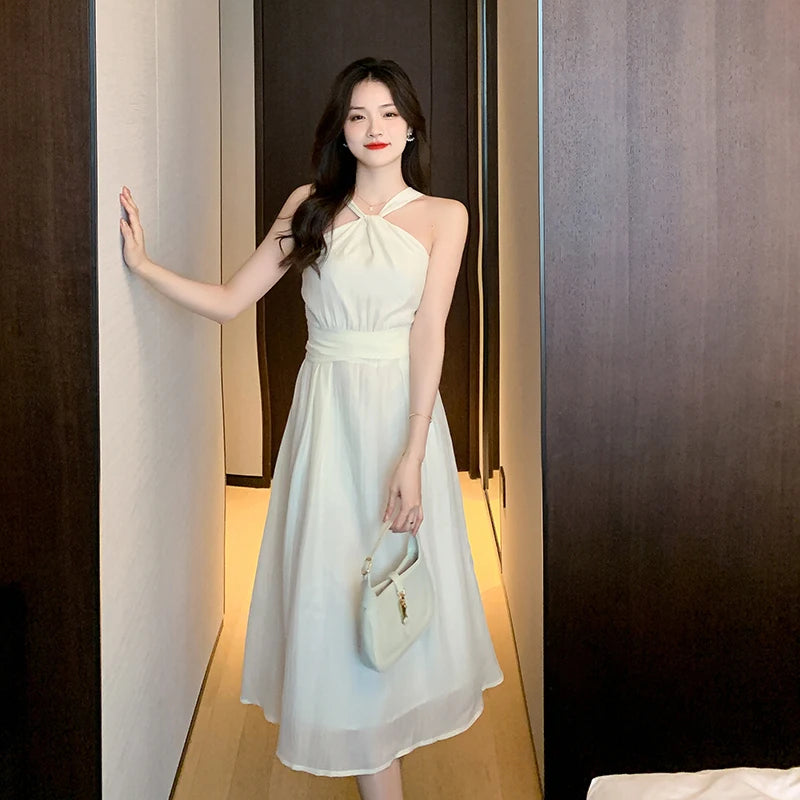 Beige Chiffon Dress Female Summer Slim Slim Thin Temperament French Senior Sense of Beach Hanging Neck Long Dress