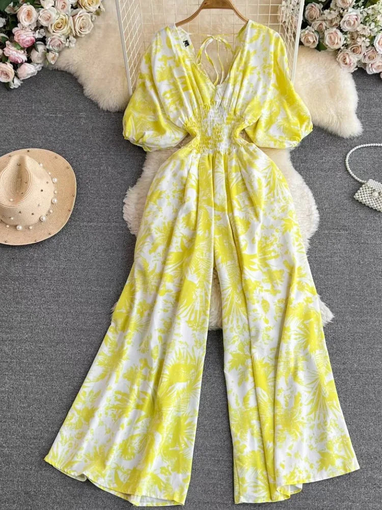 Print Puff Sleeve V Neck Jumpsuits Summer New High Waist One Piece Female Straight Wide Leg Pants