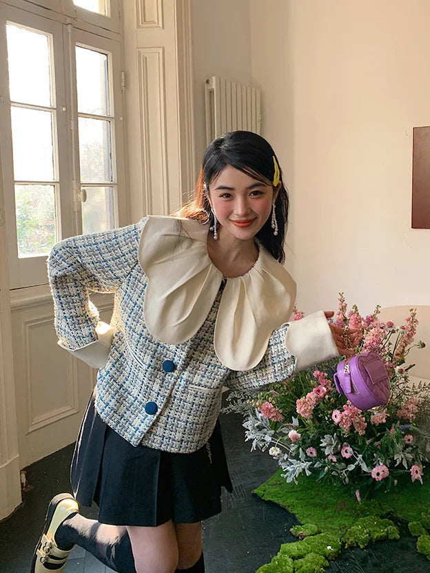 Spring New Petal Ruffled Collar Spliced Loose Tweed Coat Clothing Winter Coat High End Sweet Short Jackets Tops