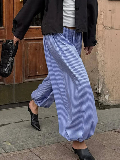 Blue Striped Print Pants Elastic Low Rise Loose Trousers Y2k Aesthetic Korean Style Hippie Trousers