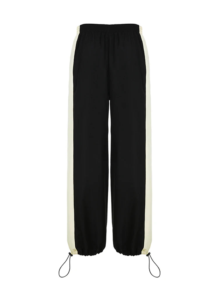Contrast Patchwork Track Pants Elastic High Waist Loose Hippie Baggy Trousers Woven Jogging Sweatpants