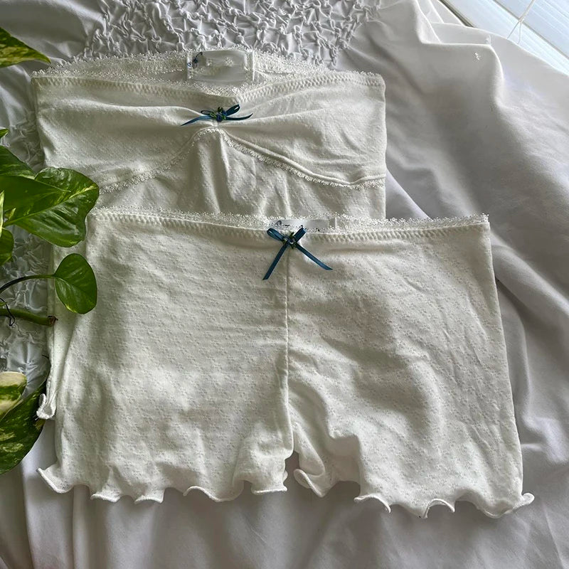 Fairy Grunge Lace Trim Strapless Tube Top + Shorts 90s 2 Piece Set Outfits Chest Wrap Backless Crop Top Camis