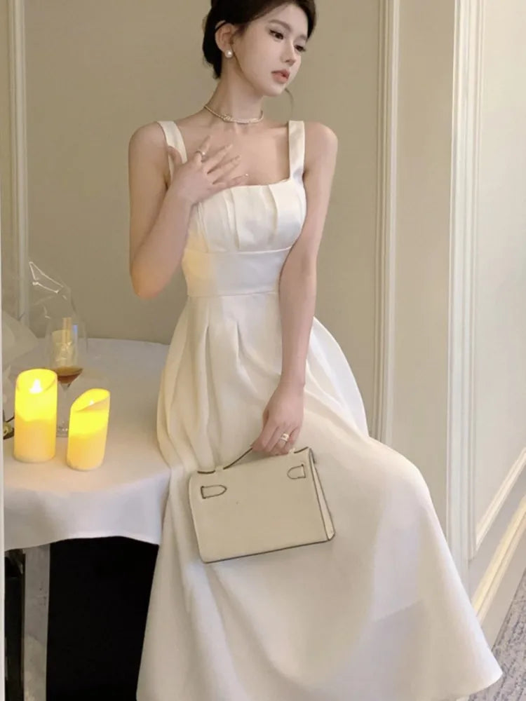 Summer Spring Dresses French Spaghetti Strap Sleeveless Princess Evening Party Midi Dress Slim Waist Vestidos Robe