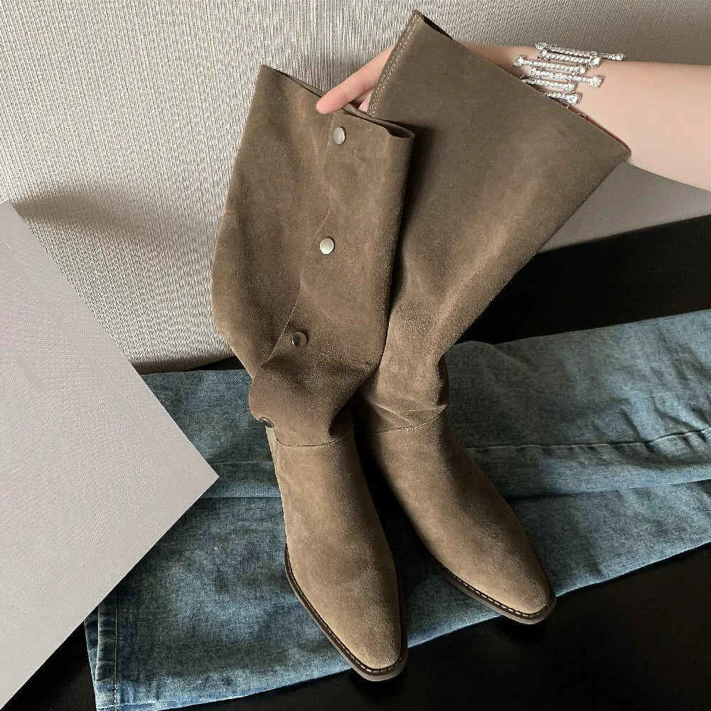 3442 Natural Suede Leather Metal Buckle Slipon Flats Autmn Knee High Boots Fold Boots Shoes