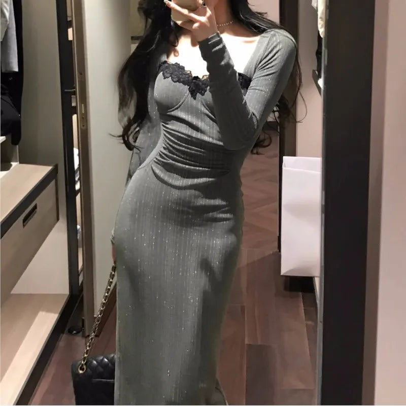 Bodycon Evening Party Dresses Long Sleeve Lace Square Collar Midi Dress High Split Prom Robe Autumn Vestidos New