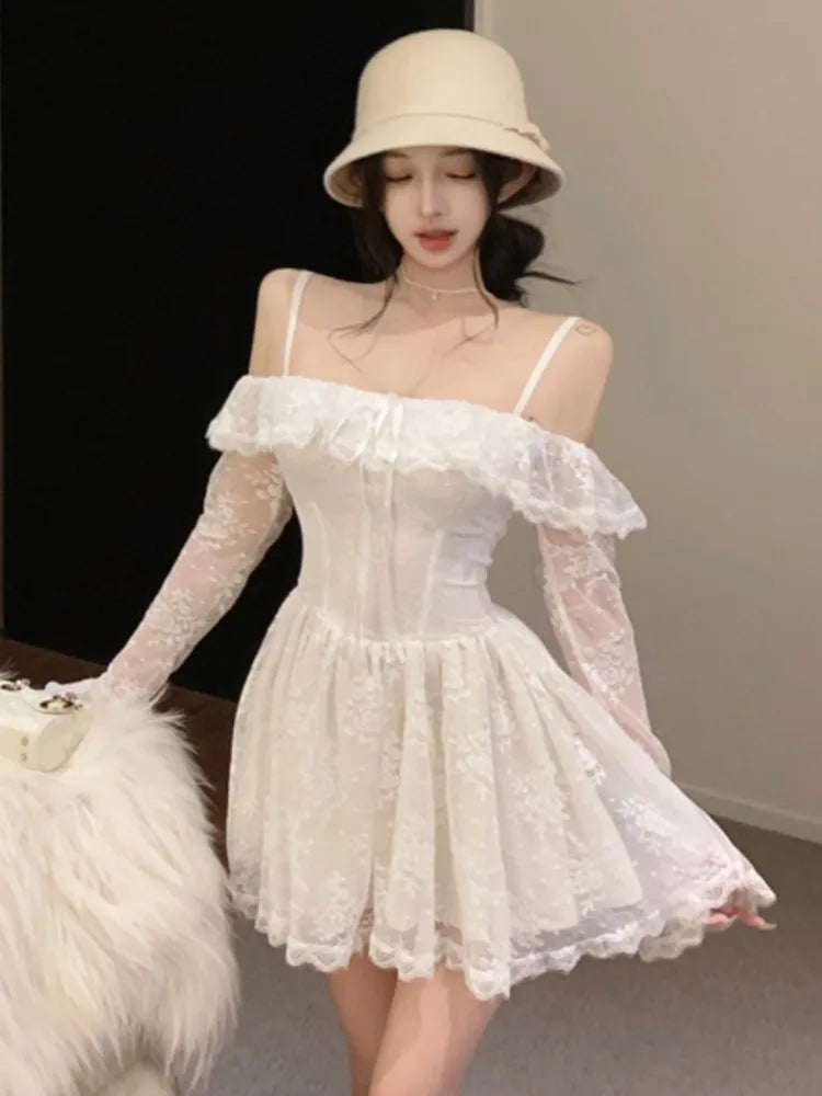 Lace Mini Dress for Sweet Slash Neck Spaghetti Strap Flare Long Sleeves Ruffle Slim Party Dresses Female Clothing New