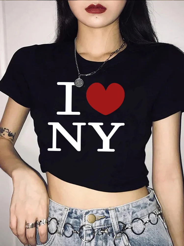 Y2k Summer New Round Neck Short Sleeved Letter Printed Open Navel European and American ’s Top T-shirt